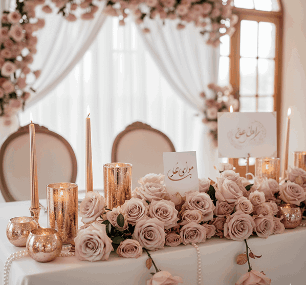ترکیب گل رز صورتی با شمع رزگلد برای مراسم عقد 
