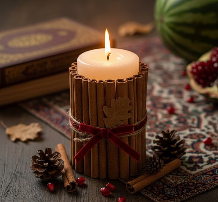تزئین شمع یلدا با دارچین دور آن