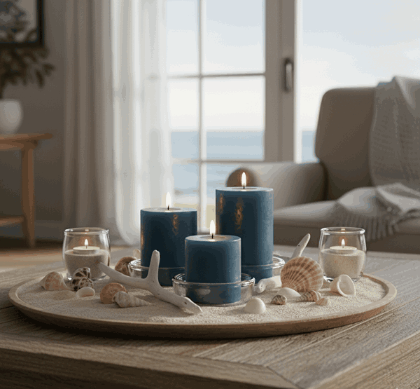 سبک ساحلی با صدف، شن و شمع آبی دریایی در خانه