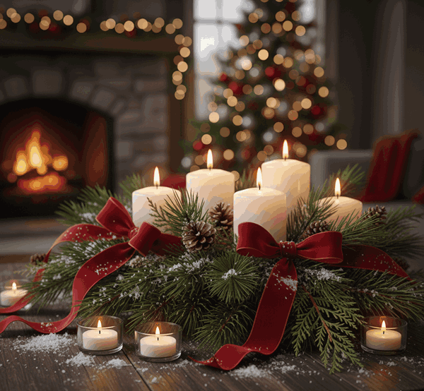 مدل زمستانی با شاخه کاج، روبان قرمز و شمع سفید