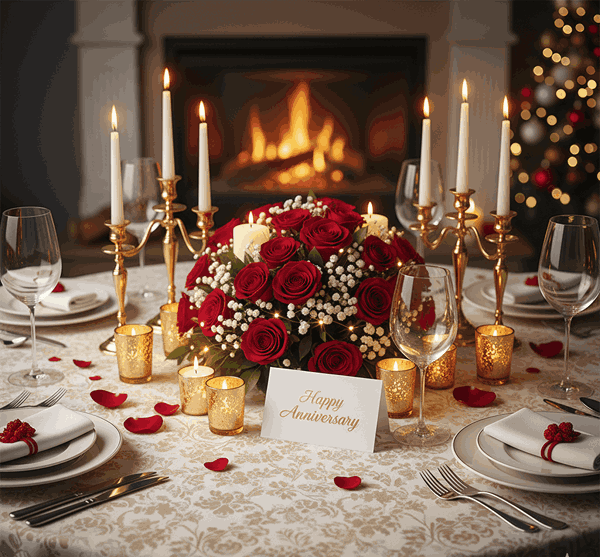 چیدمان سالگرد ازدواج با گل قرمز و نور طلایی 