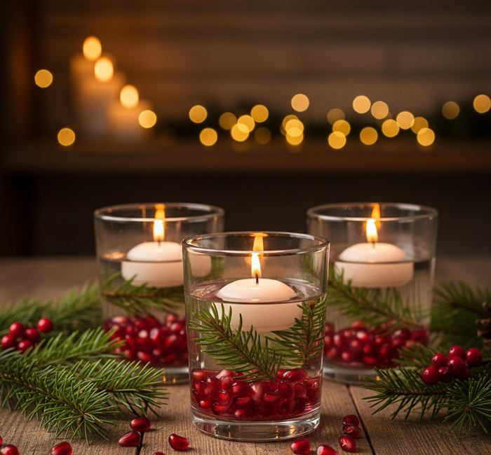 شمع درون لیوان با دانه های انار