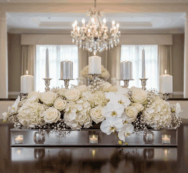 گل‌آرایی آینه‌ای با شمع نقره‌ای بلند و گل‌های سفید 