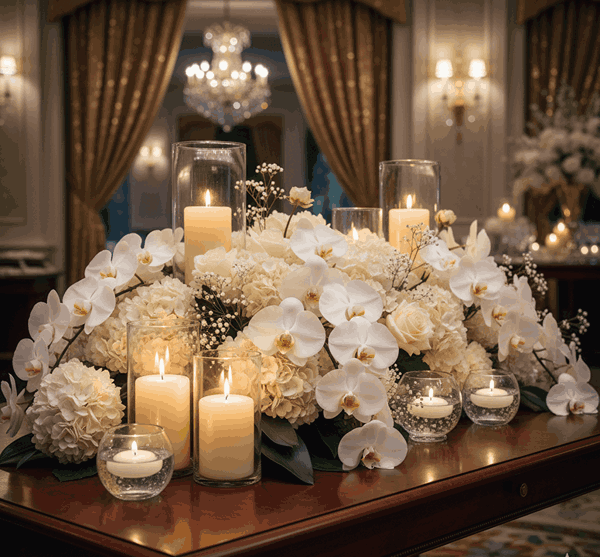 طرح لوکس با گل ارکیده سفید و شمع وانیلی 