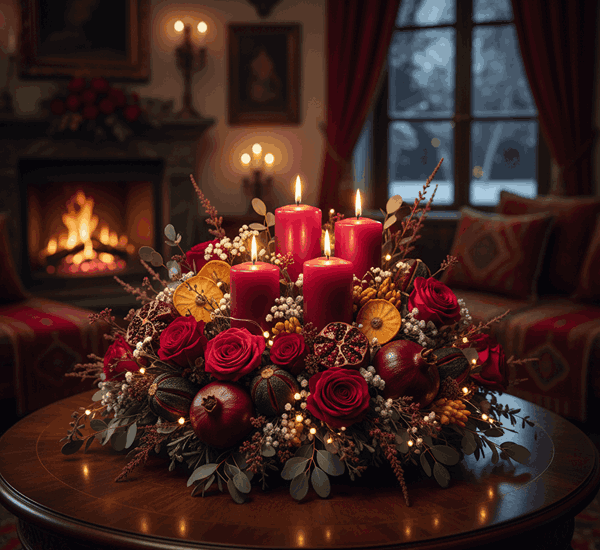 گل‌آرایی شب یلدا با انار خشک و شمع قرمز تیره 
