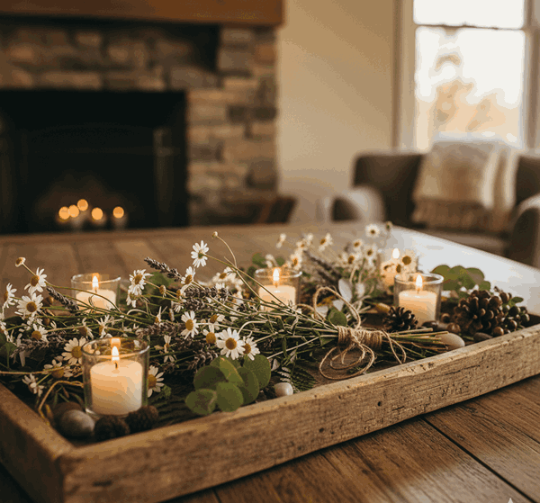 مدل روستیک با سینی چوبی، گل وحشی و شمع وارمر 