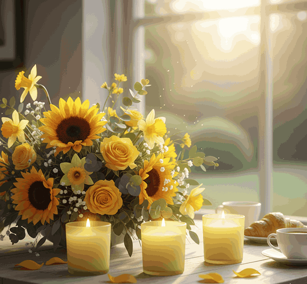 گل‌آرایی صبحگاهی با گل‌های زرد و شمع لیمویی 