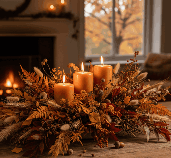 گل‌آرایی پاییزی با برگ خشک و شمع نارنجی مات 