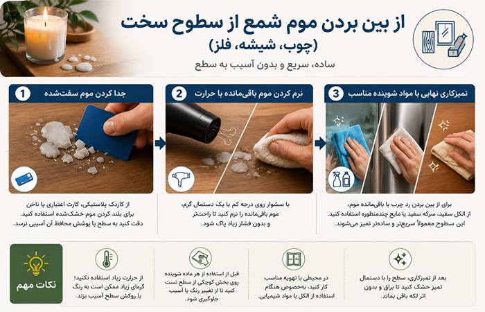 از بین بردن موم شمع از سطوح سخت (چوب، شیشه، فلز)